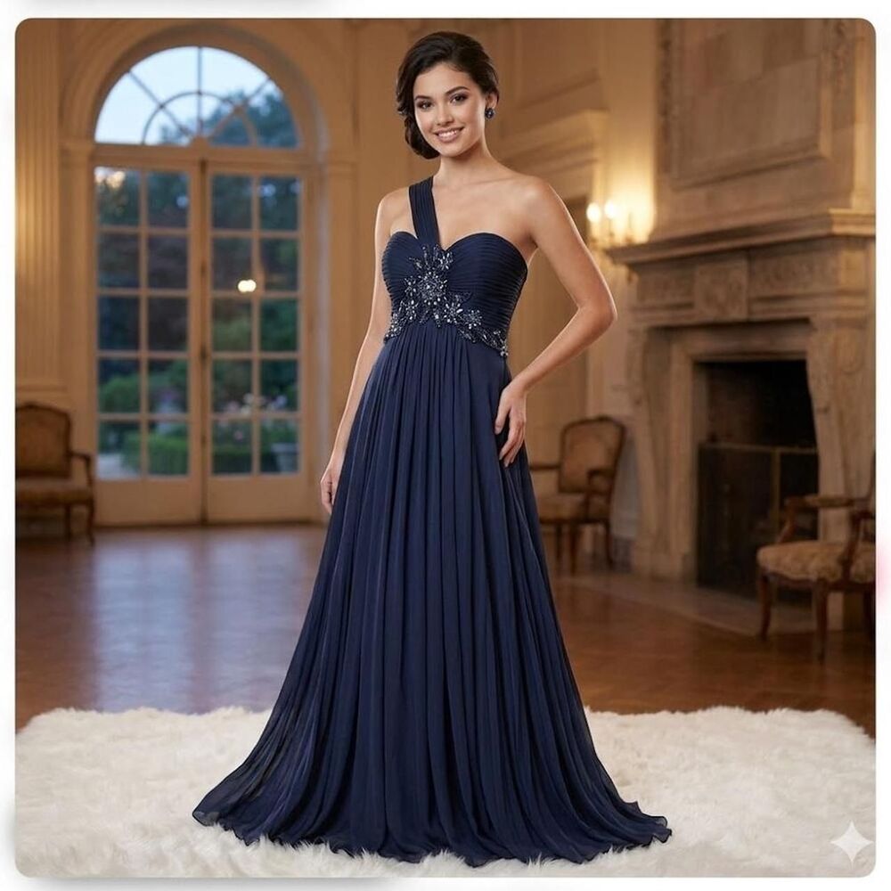 XSCAPE by Joanna Chen Navy blue beaded prom dress with one shoulder strap Size 4